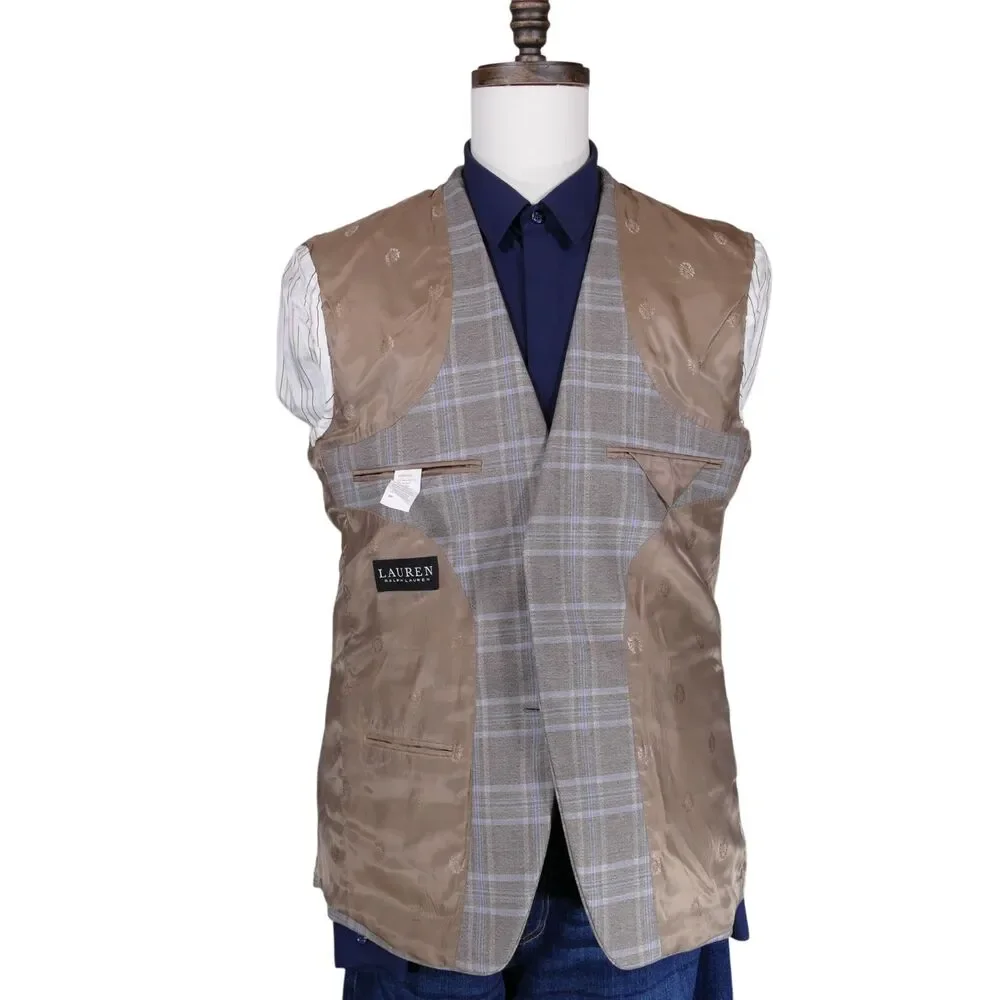 Lauren Ralph Lauren Sport Coat Blazer Mens 38R Beige Blue Plaid Two Button